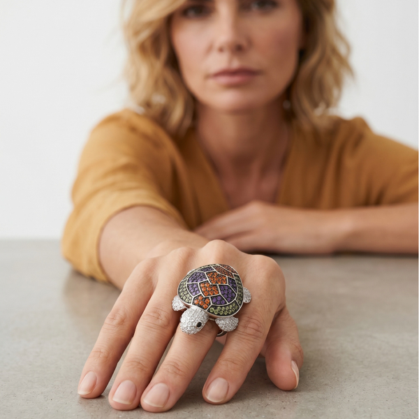 Anillo de plata de 1ª ley(925 milésimas) con terminación de blanco en forma de tortuga marina 